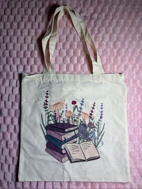 Canvas Tote Bag with Purple Book & Floral Print - Casual Women’s Bag